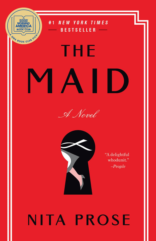 Book cover of 'The Maid' by Nita Prose with a red background and keyhole design.
