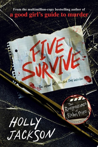 Book cover of 'Five Survive' by Holly Jackson with a spider web background
