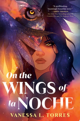 Book cover of 'On the Wings of la Noche' with a woman and owl design.