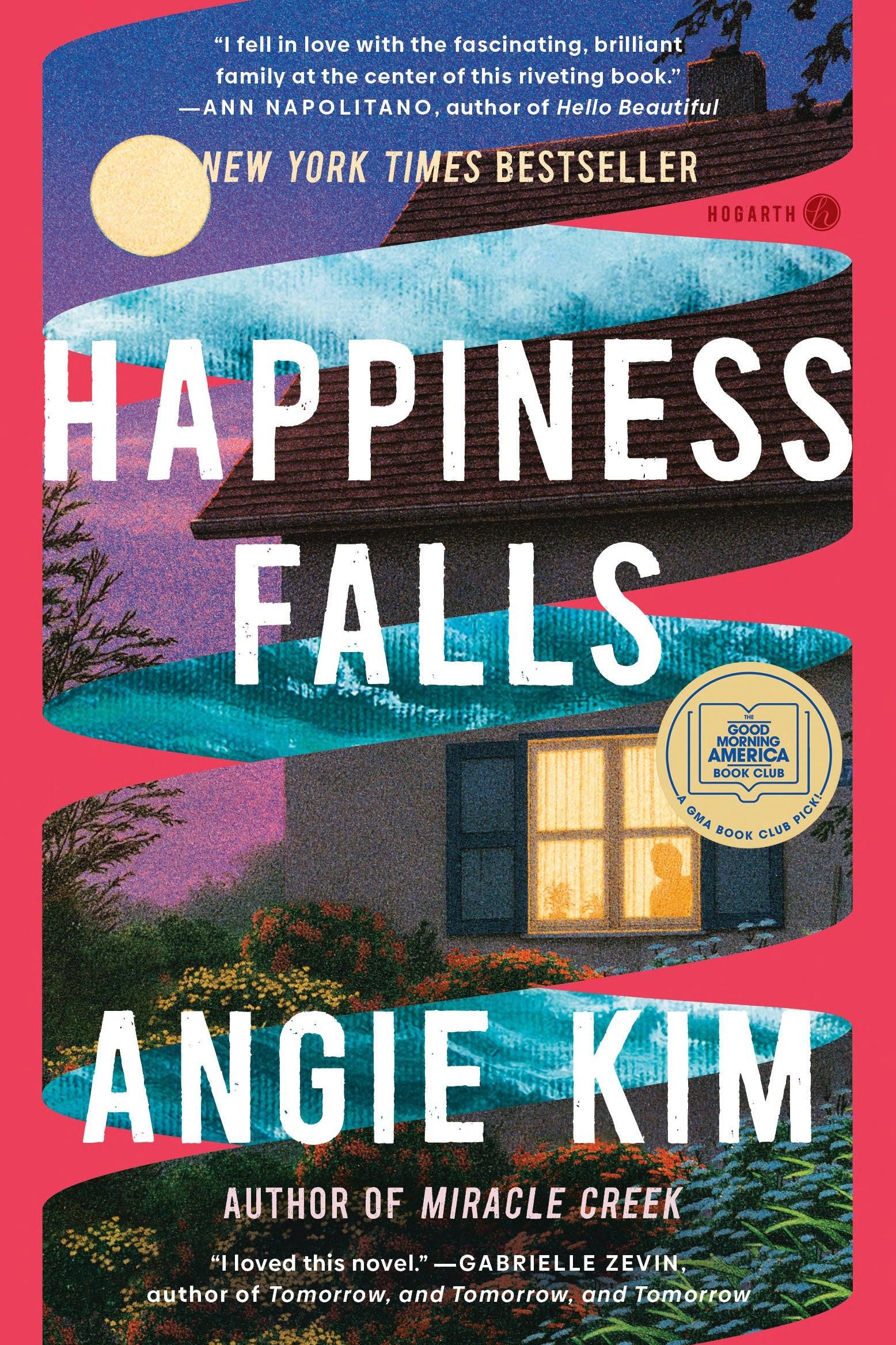 Book cover of 'Happiness Falls' by Angie Kim with a house and sunset design.