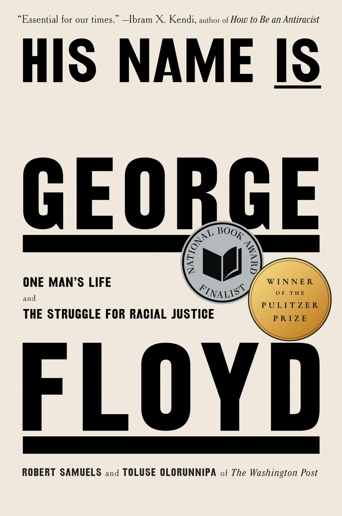 Book cover of 'His Name is George Floyd' with text and awards on a beige background