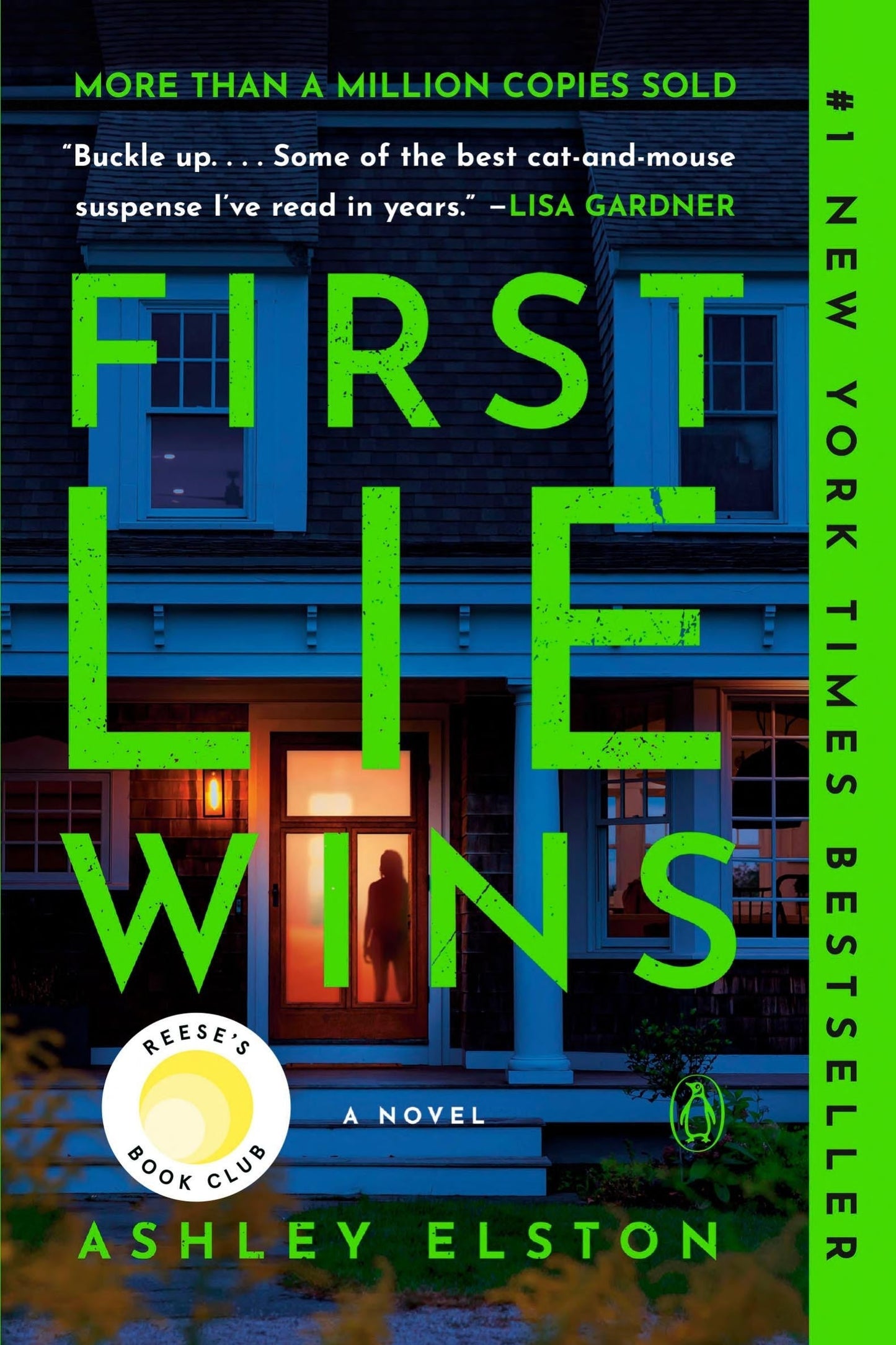 Book cover of 'First Lie Wins' by Ashley Elston with a green and blue color scheme.