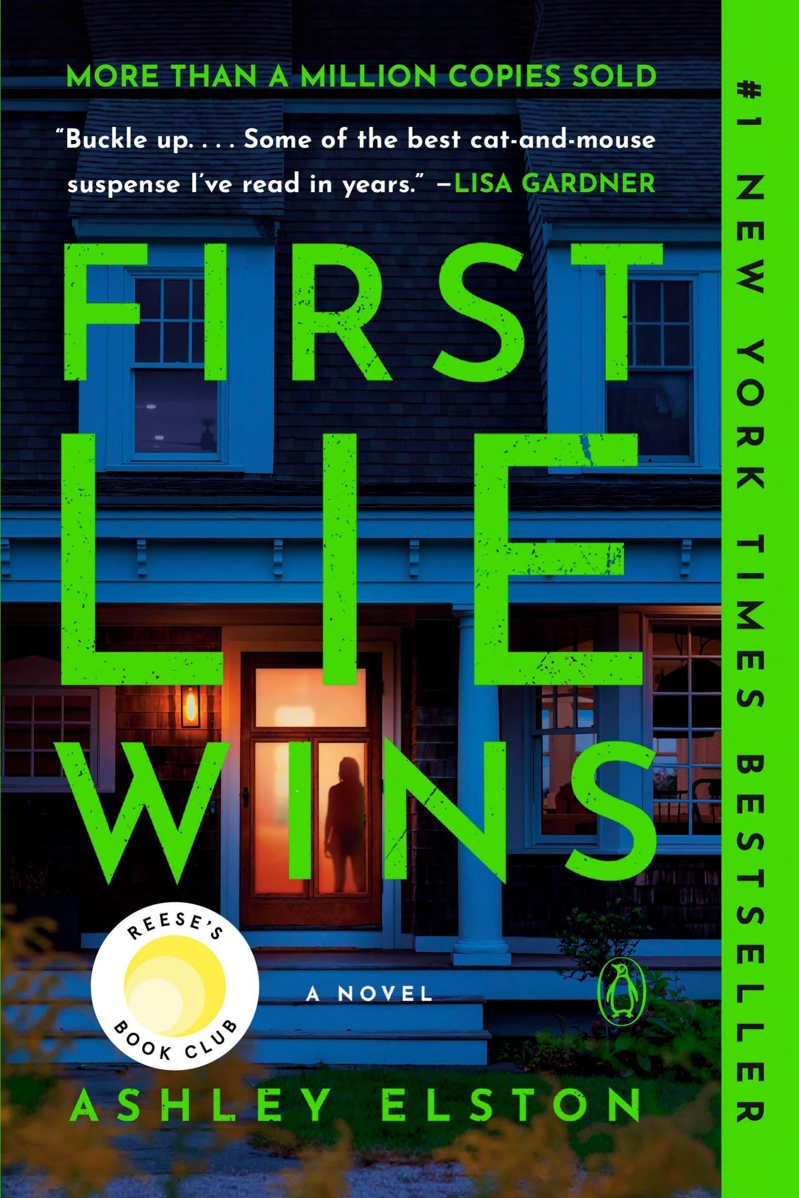 Book cover of 'First Lie Wins' by Ashley Elston with a green and blue color scheme.