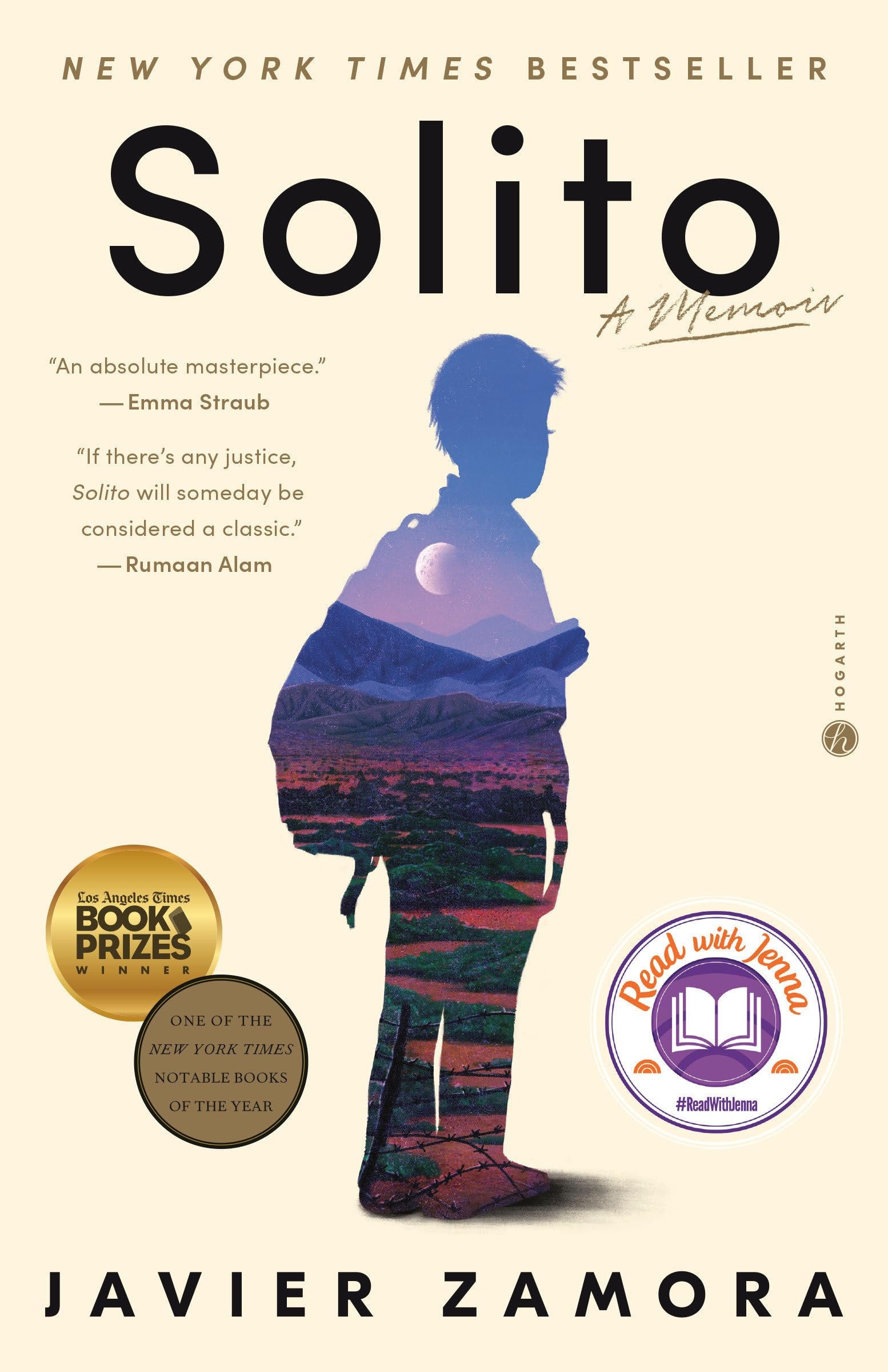 Book cover of 'Solito' by Javier Zamora with a silhouette of a person and a purple gradient.