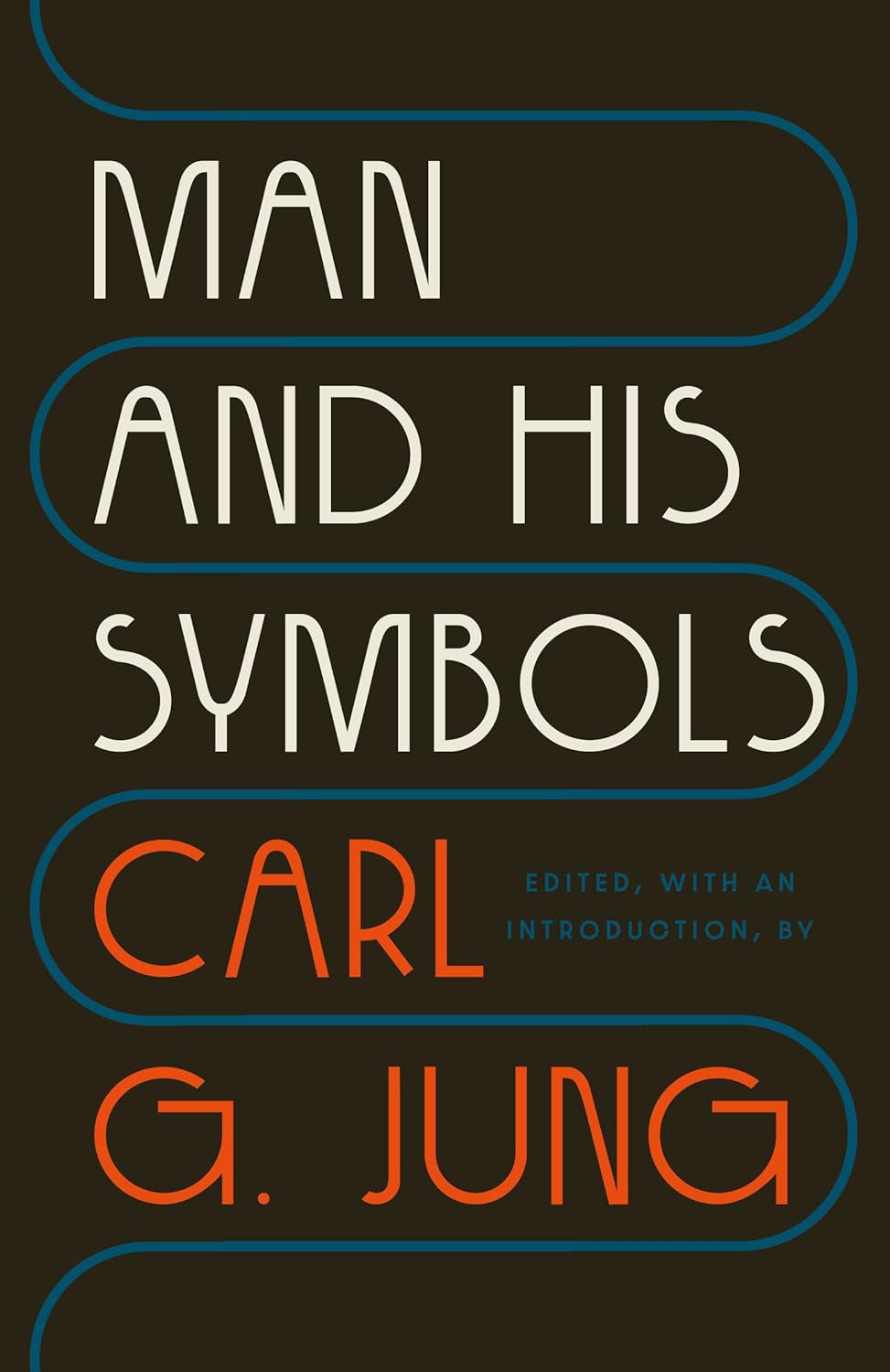 A cover image of the book Man and His Symbols by Carl G. Jung, featuring a minimalist design with black and white colors and the author's name in bold lettering.