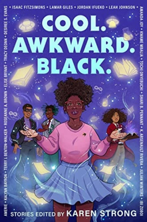 Book cover of 'Cool. Awkward. Black.' by Karen Strong, with characters and a purple background