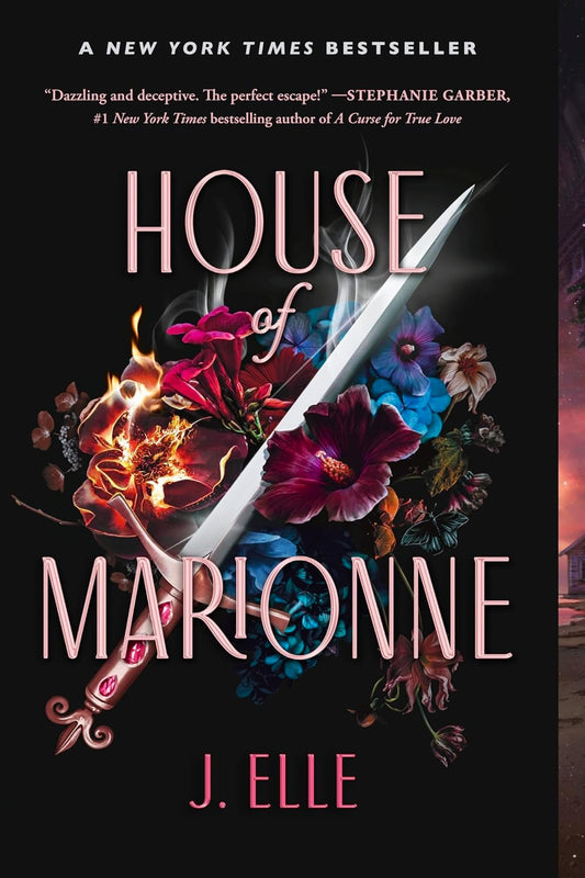 Book cover of 'House of Marionne' with flowers and a sword on a dark background