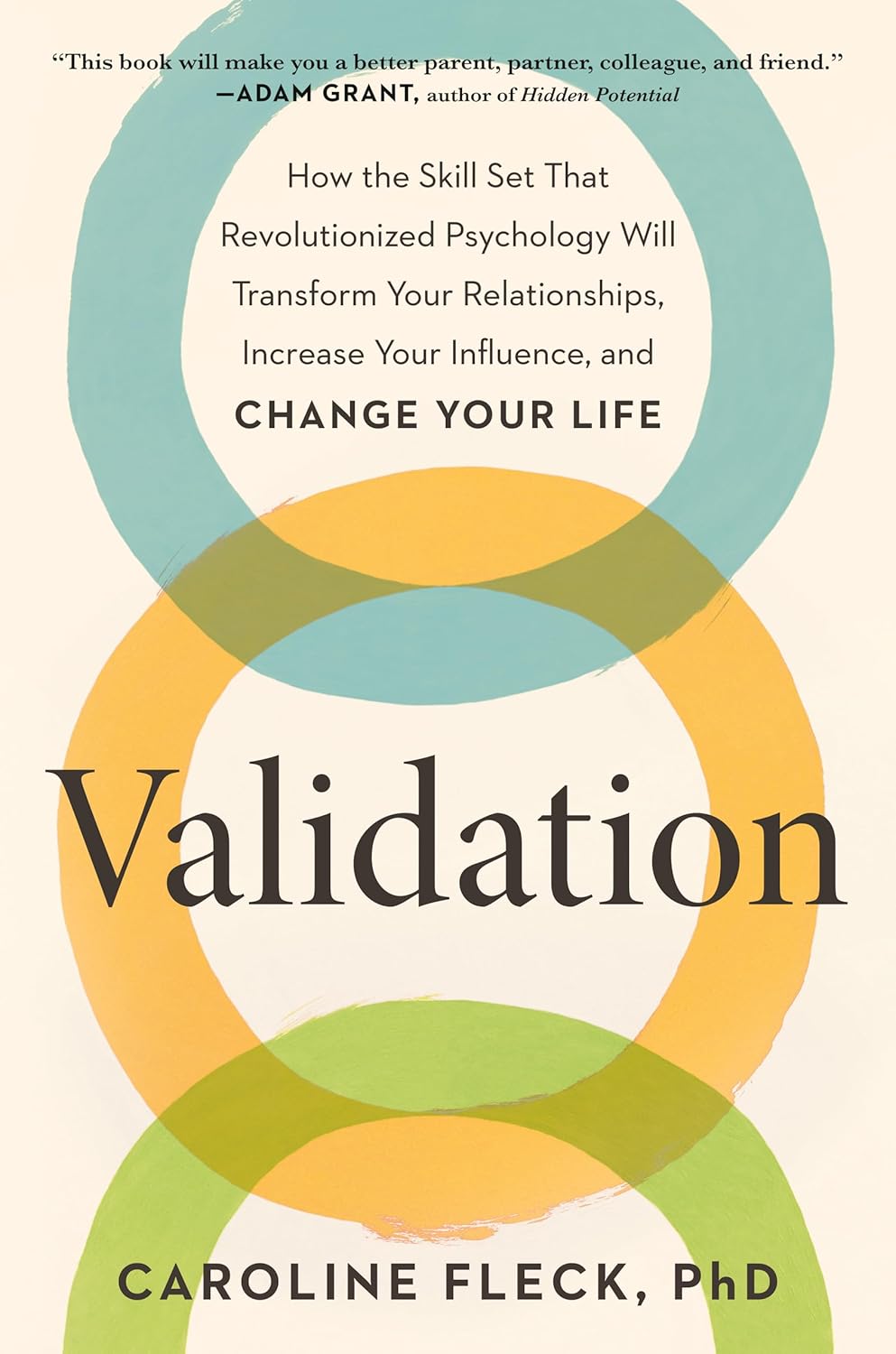 Book cover of 'Validation' by Caroline Fleck with colorful circles and text.