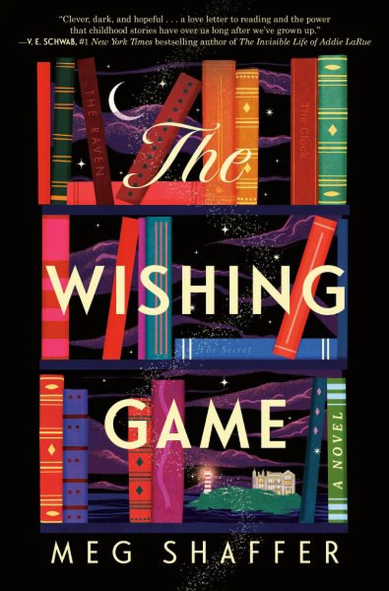 A book cover of 'The Wishing Game' by Meg Shaffer, featuring a colorful arrangement of books on a dark background, with the title and author's name at the top.