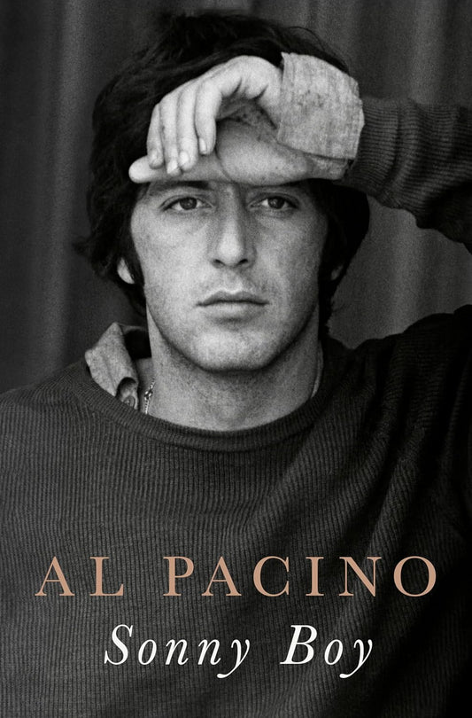 The image shows the cover of the book 'Sonny Boy: A Memoir [ISBN: 9780593655115]' by Al Pacino. It features a black and white photo of Al Pacino with his hand behind his head, looking off to the side.