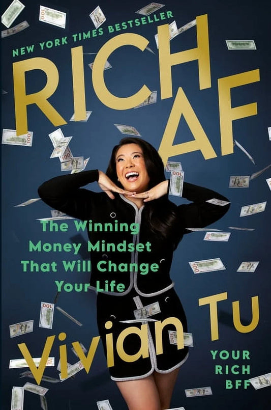 The image features the cover of the book titled "Rich AF" by Vivian Tu. The cover design is vibrant and attention-grabbing, with Vivian Tu prominently displayed in the center.