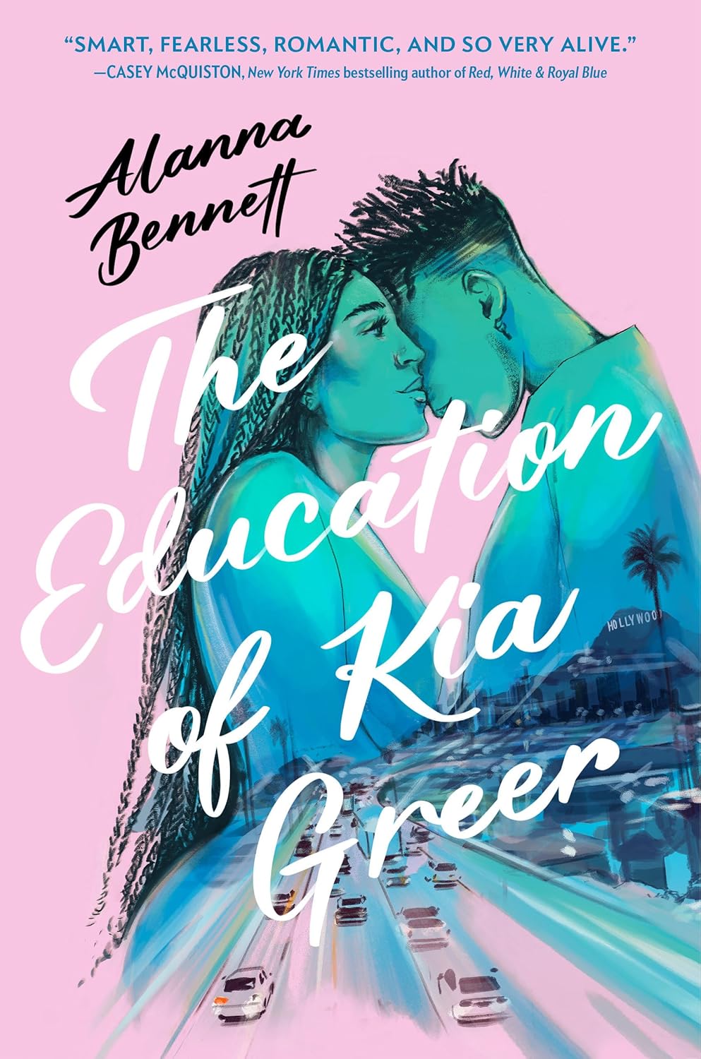 Book cover of 'The Education of Kia Greer' by Alanna Bennett with a stylized illustration of two people embracing.