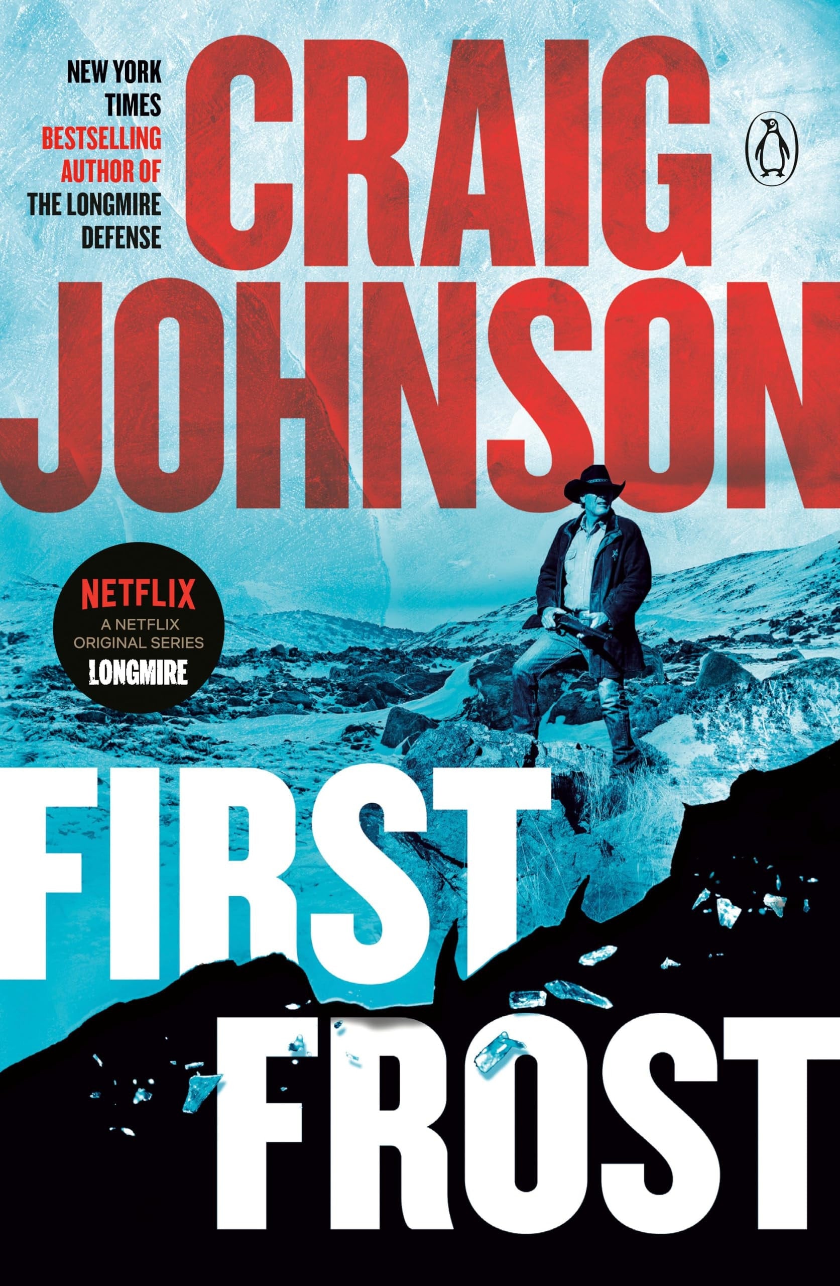 Book cover of 'First Frost' by Craig Johnson with a person sitting on a rock in a snowy landscape.