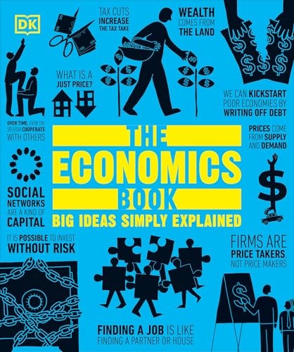 Book cover of 'The Economics Book' with various economic concepts and graphics on a blue background.