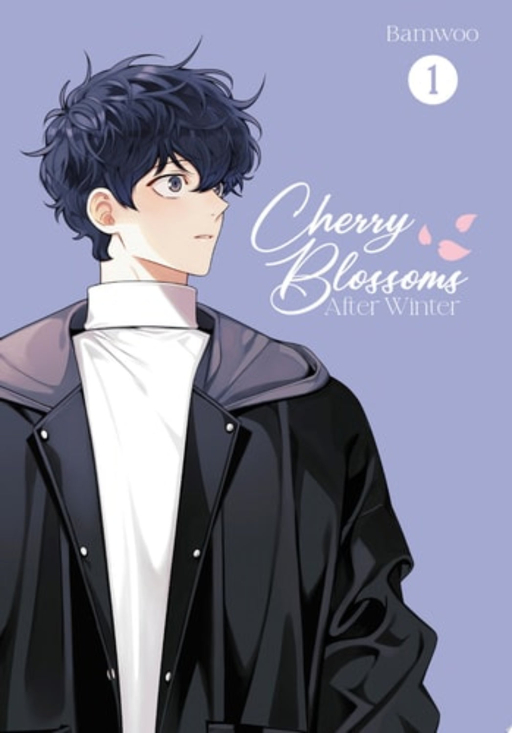 Book cover of "Cherry Blossoms: After Winter, Volume-1" by Bamwoo. Featuring an Anime character with dark hair and a black jacket on a light purple background, with 'Cherry Blossoms After Winter' text.