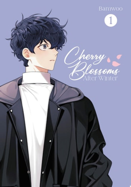 Book cover of "Cherry Blossoms: After Winter, Volume-1" by Bamwoo. Featuring an Anime character with dark hair and a black jacket on a light purple background, with 'Cherry Blossoms After Winter' text.
