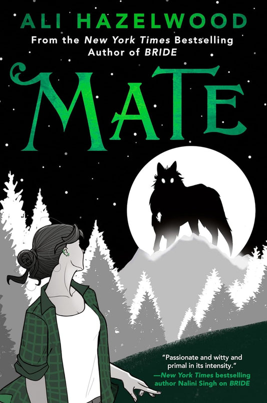 Book cover of 'Mate' by Ali Hazelwood with a woman and wolf silhouette against a moonlit sky.