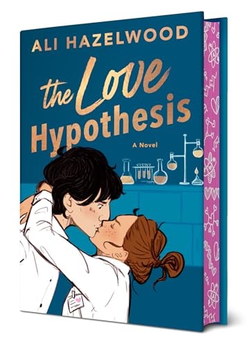 Book cover of 'The Love Hypothesis' by Ali Hazelwood with a blue background and illustration of two people kissing.