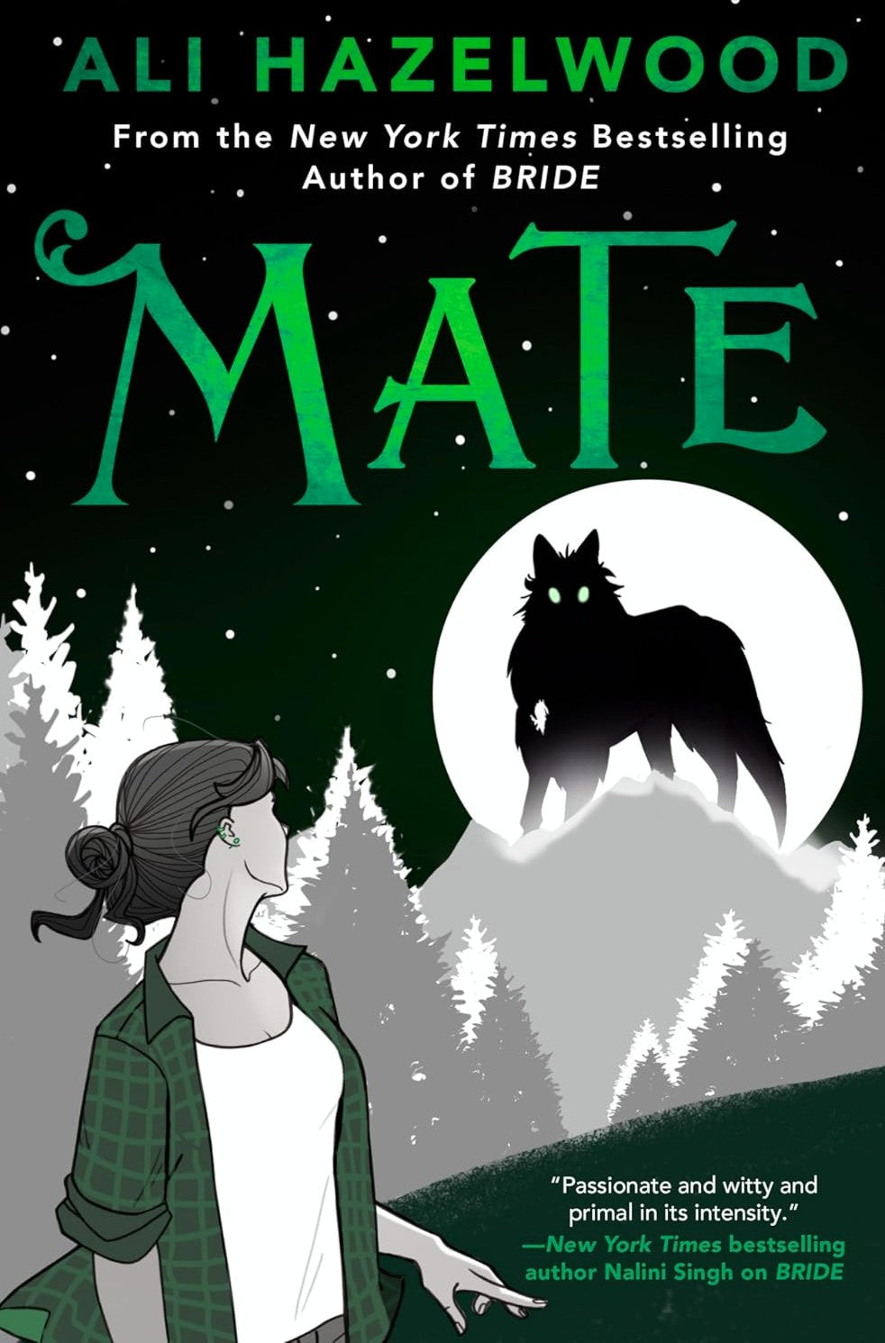 Book cover of 'Mate' by Ali Hazelwood with a woman and wolf silhouette against a moonlit sky.