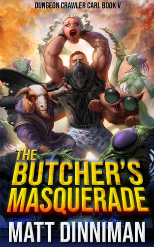 Book cover of 'The Butcher's Masquerade' featuring a muscular figure with animals and colorful background.