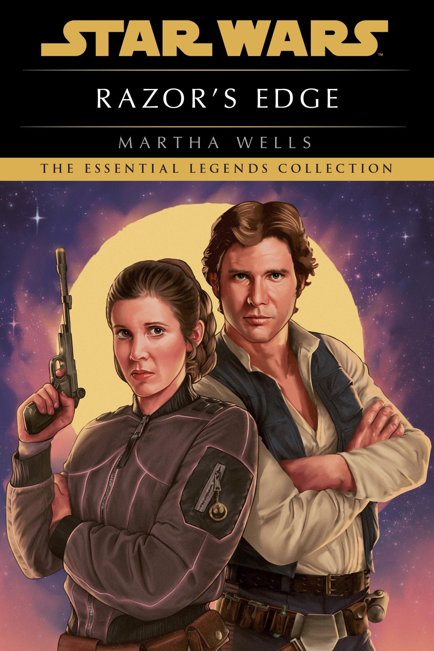 Book cover for Star Wars: Razor's Edge by Martha Wells, featuring illustrated portraits of Han Solo and Leia Organa against a starry purple and yellow space background, with the Star Wars logo at the top.