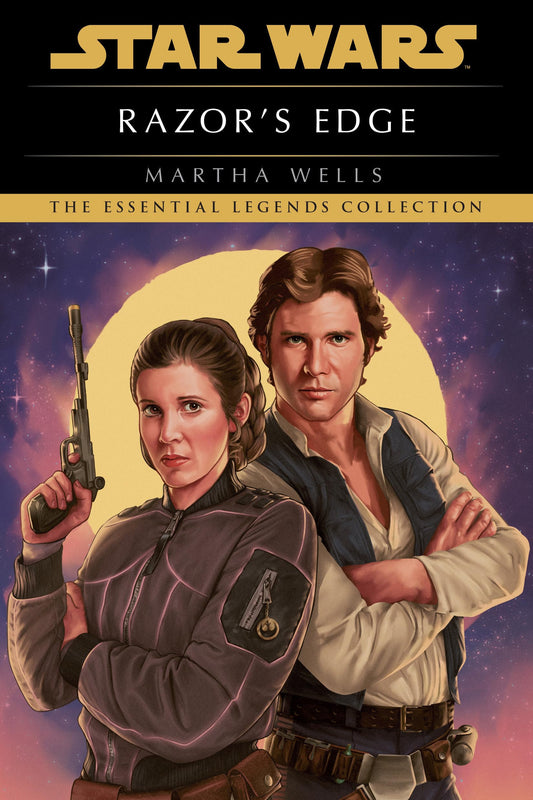 Book cover for Star Wars: Razor's Edge by Martha Wells, featuring illustrated portraits of Han Solo and Leia Organa against a starry purple and yellow space background, with the Star Wars logo at the top.