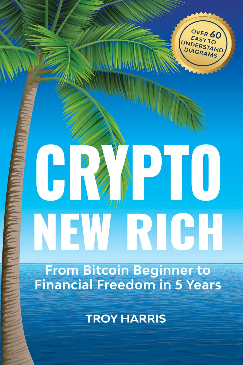Book cover of 'Crypto New Rich: Bitcoin Beginner to Financial Freedom' by Troy Harris featuring a palm tree and a blue ocean background, indicating a theme of financial freedom and bitcoin investing.