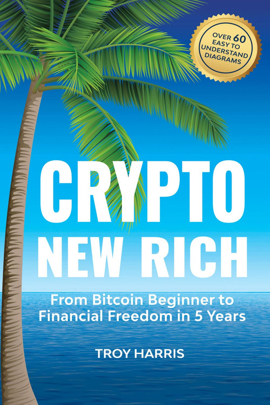 Book cover of 'Crypto New Rich: Bitcoin Beginner to Financial Freedom' by Troy Harris featuring a palm tree and a blue ocean background, indicating a theme of financial freedom and bitcoin investing.