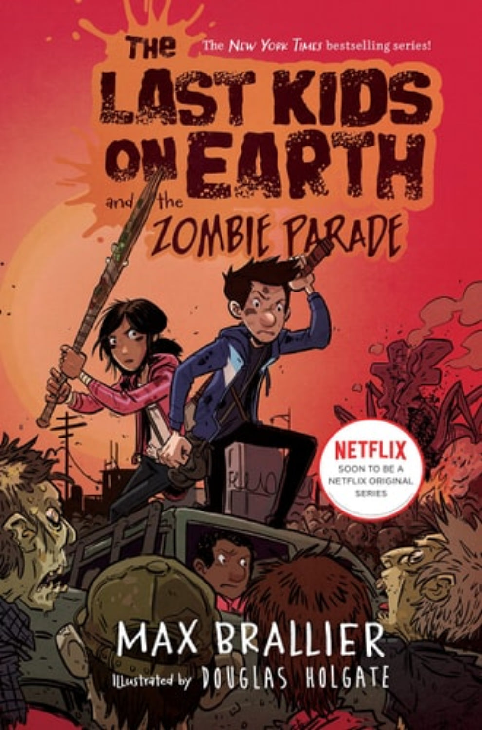 Book cover of 'The Last Kids on Earth and the Zombie Parade' with characters and zombies on a red background.