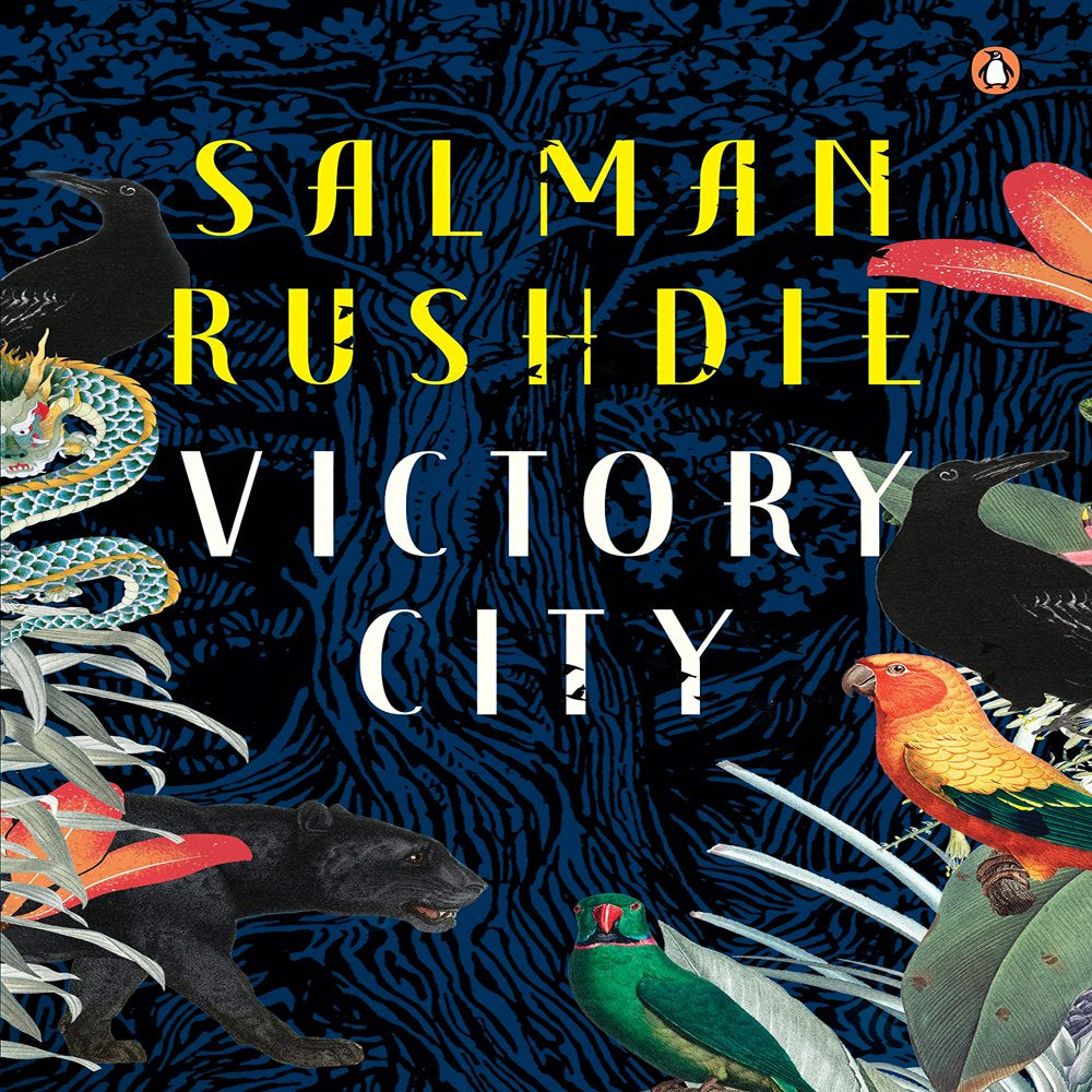 Book cover of 'Victory City' by Salmon Rushdie featuring a detailed illustration with a mix of fantastical and real-world elements, such as a girl with a crown of flowers, a snake, a parrot, and a nightscape with a moon and stars.