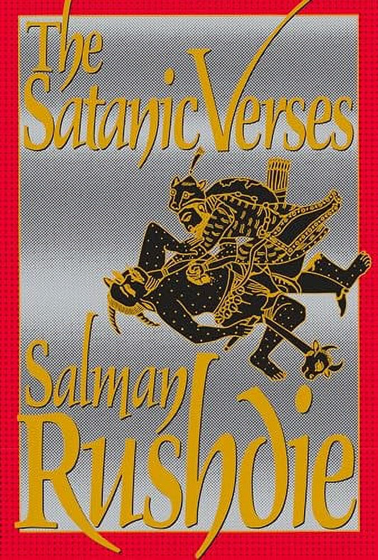 The image displays the cover of "The Satanic Verses" by Salman Rushdie. The book's cover features a striking design with a gold and red background.