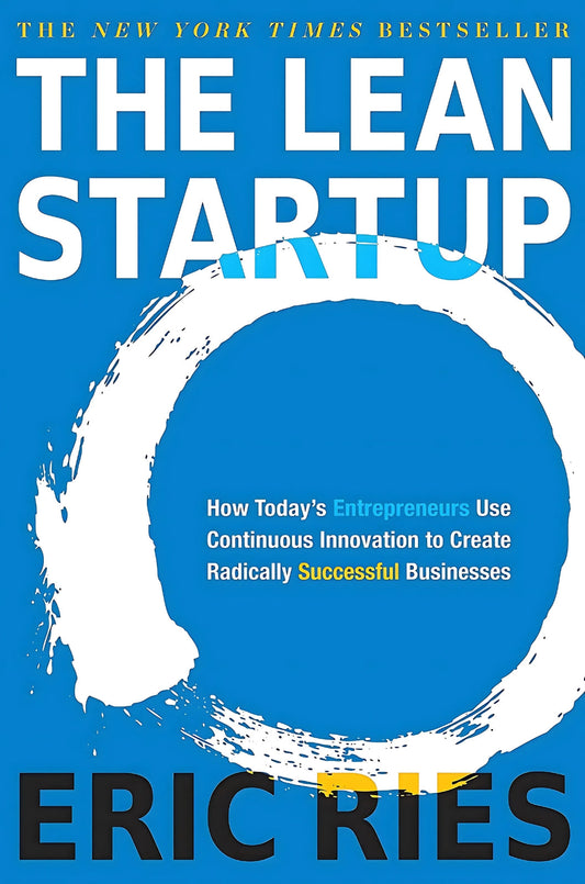 The cover of the book The Lean Startup by Eric Ries, featuring a blue background with a white circle and text.