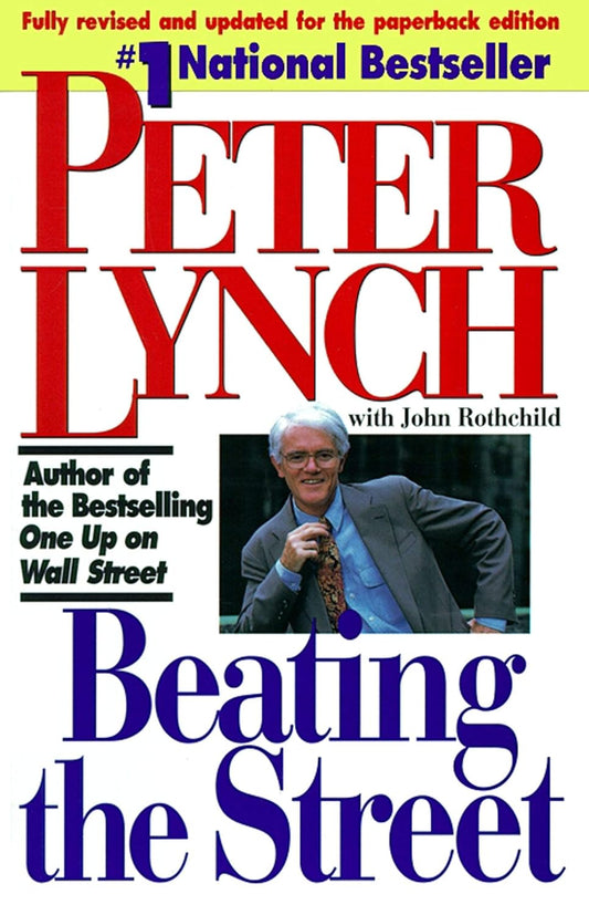 Book front cover of 'Beating the Street' by Peter Lynch, featuring the author's portrait and the title of the book.