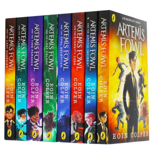 A set of eight 'Artemis Fowl' series books by Eoin Colfer, featuring covers with illustrations of the main character and various adventures.