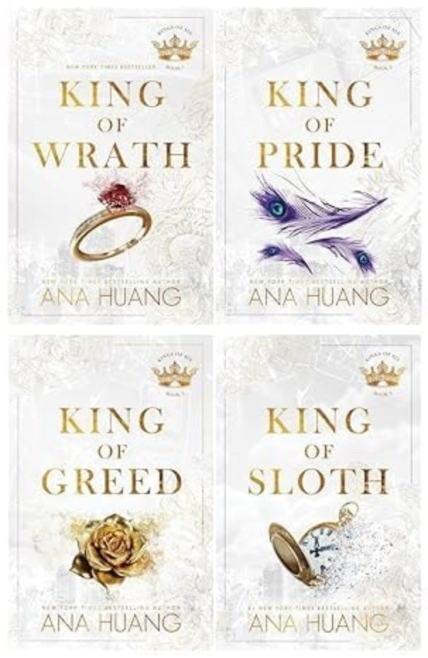A collection of four book covers for the 'Kings of Sin Series' by Ana Huang. The covers feature a gold element with a ring, feather, rose, and key respectively, on a white background with a subtle pattern.