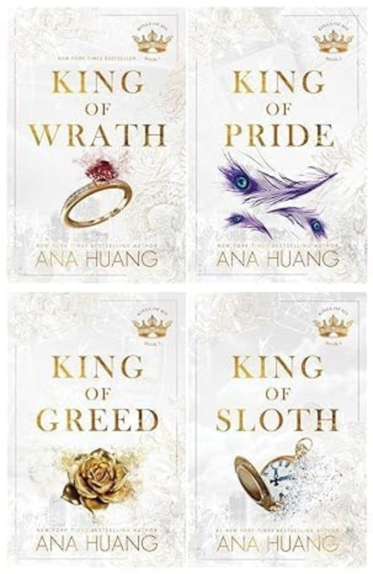 A collection of four book covers for the 'Kings of Sin Series' by Ana Huang. The covers feature a gold element with a ring, feather, rose, and key respectively, on a white background with a subtle pattern.