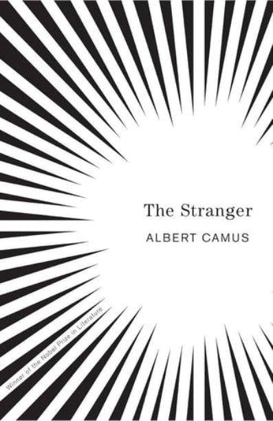 This image features the cover of a book titled "The Stranger" by Albert Camus. The cover design is striking, using a bold black and white radial pattern that creates a sense of depth and perspective.