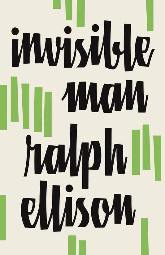 Book cover of 'Invisible Man' by Ralph Ellison, featuring black text on a white background with green decorative elements.