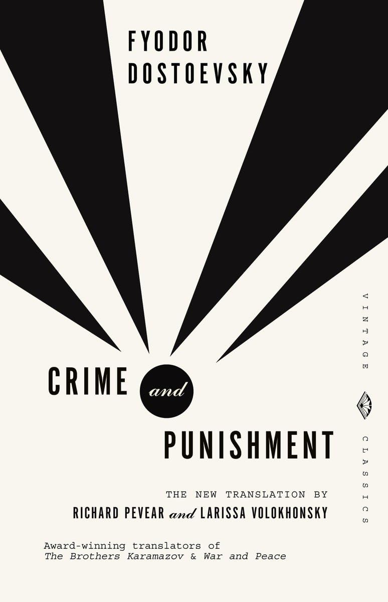 Book cover of 'Crime and Punishment' by Fyodor Dostoevsky with a black and white design.