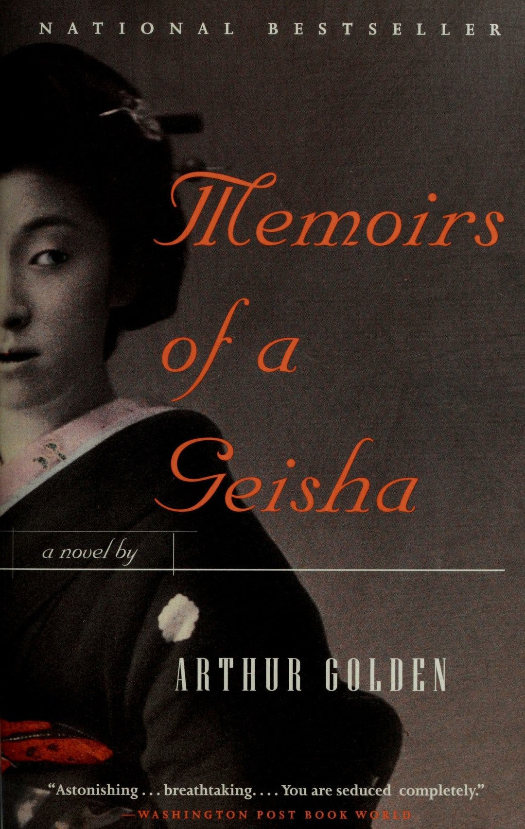 Book cover of 'Memoirs of a Geisha' by Arthur Golden with a woman in traditional Japanese attire.