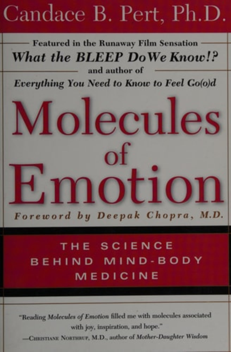 Book cover of 'Molecules of Emotion' by Candace B. Pert with a red and white design.
