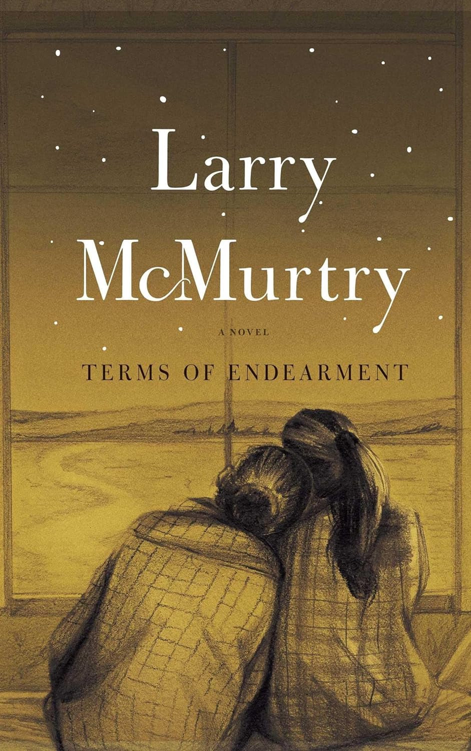 This image features the cover of "Terms of Endearment: A Novel" by Larry McMurtry. The cover design is simple yet powerful, with a muted yellow background that highlights the title and author's name at the top.