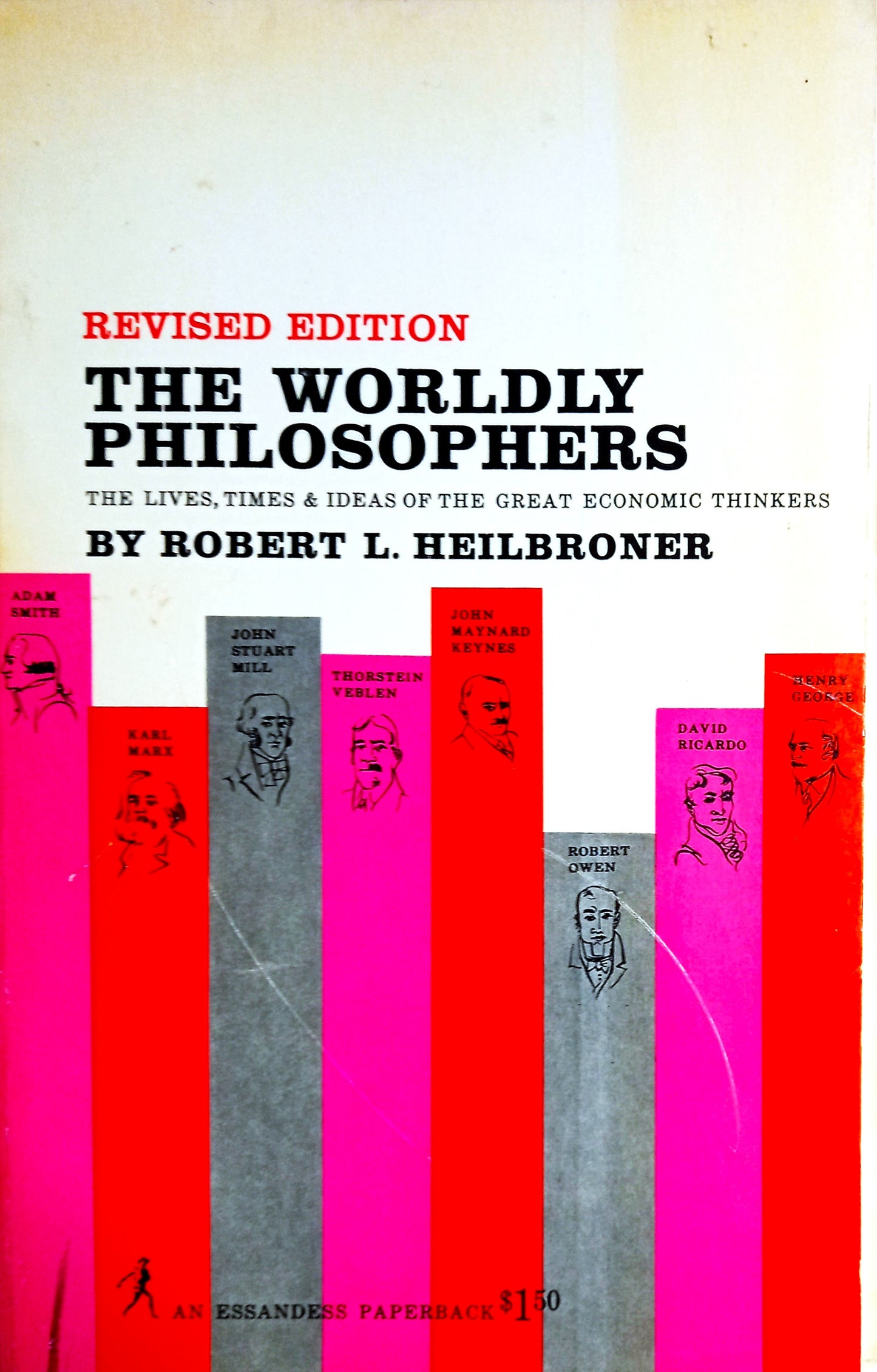 A book cover of 'The Worldly Philosophers' by Robert L. Heilbroner, featuring a red and pink graphic design with text.