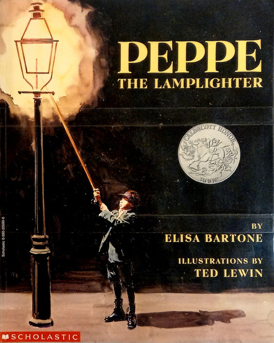 Cover of the children's book 'Peppe the Lamplighter (ISBN: 9780688102685)' by Elisa Bartone and Ted Lewin showing an illustration of a boy with a lamp on a street corner, with the author's name and the name of the illustrator, Ted Lewin, at the bottom.