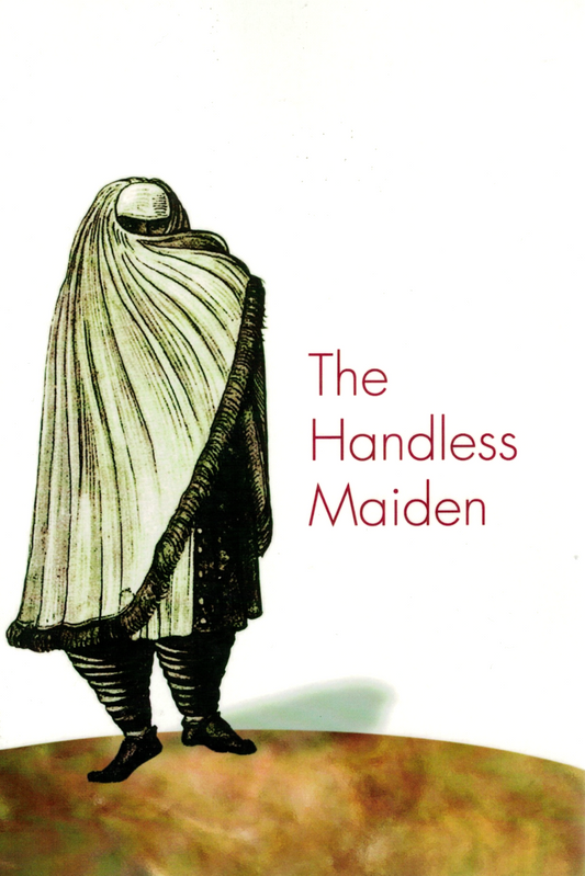A book cover for 'The Handless Maiden' featuring an illustration of a person in a full-face veil and head covering, viewed from behind, standing on a textured brown surface against a white background with the title in red text.