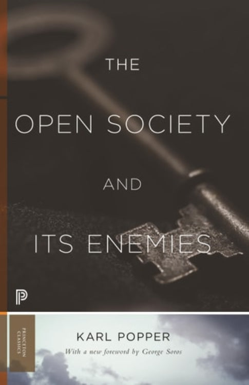 Cover of the book 'The Open Society and Its Enemies: Princeton Classics-119' by Karl R. Popper, featuring a key and a background with a dark and cloudy sky.