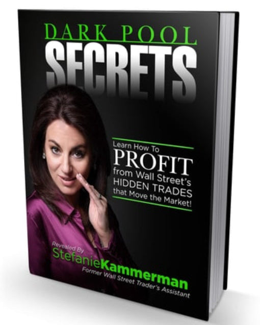 Book front cover image of book titled 'Dark Pool Secrets' by Stefanie Kammerman, featuring a woman with a serious expression, stock market graphics, and the name of the author, Stefanie Kammerman.