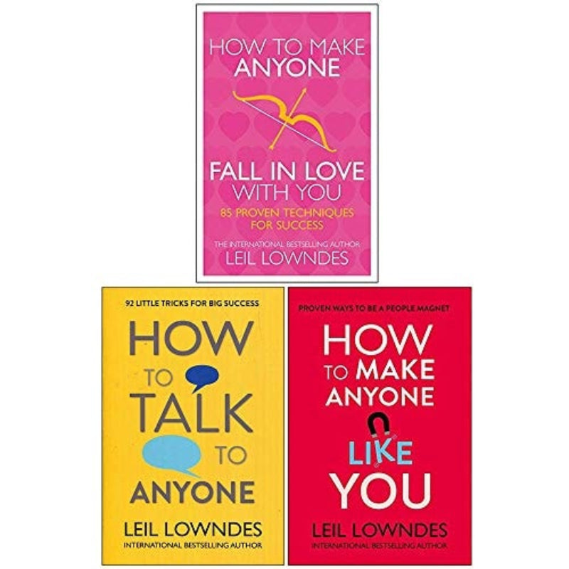 The image displays three book covers of Leil Lowndes' books. The first book cover is pink with the title 'How to Make Anyone Fall in Love With You'.