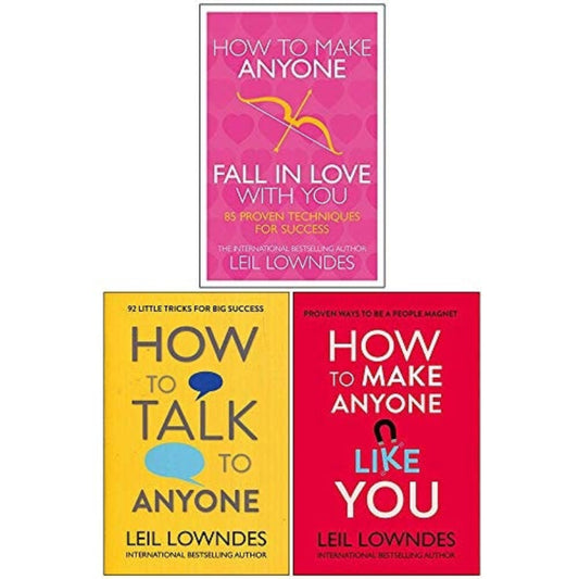 The image displays three book covers of Leil Lowndes' books. The first book cover is pink with the title 'How to Make Anyone Fall in Love With You'.