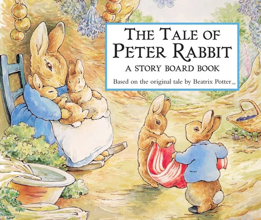 Cover of 'The Tale of Peter Rabbit: A Story Board Book' by Beatrix Potter, featuring colorful illustrations of rabbits, a garden, and two children interacting with the rabbits.